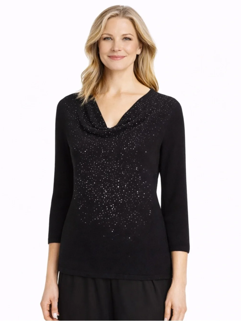 Eileen Fisher Wool Beaded Drape Cowl Neck Sweater Top Black Size XS